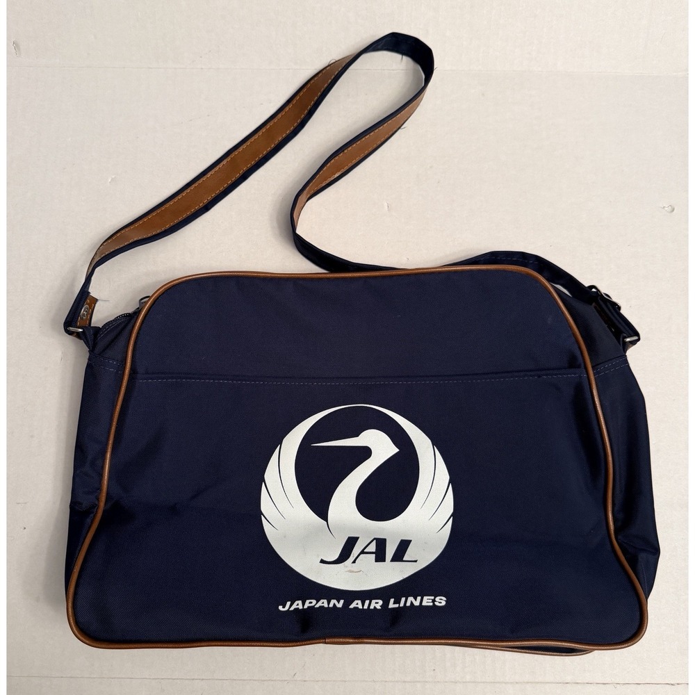 Vintage 80s Japan Airlines In Flight Weekend Bag Navy Blue Brown Nylon 16"x12"